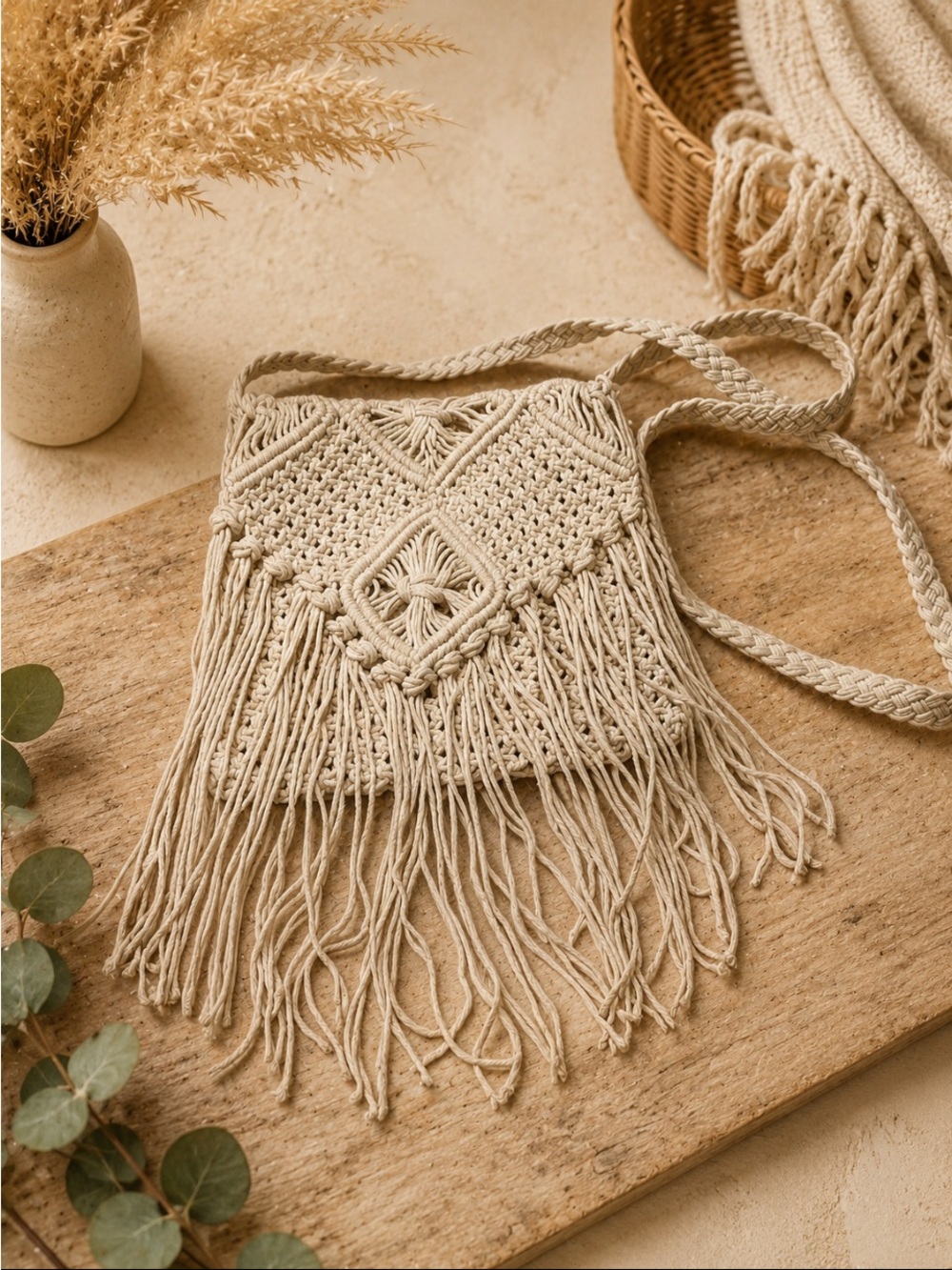 Handwoven Fringe Crossbody Bag in Cream